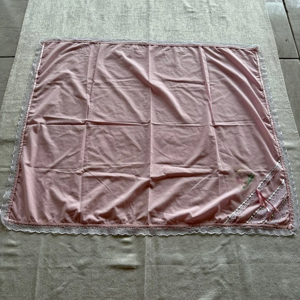 Vintage Pink Baby Blanket Lace Trim Girl Floral Bow 40x33